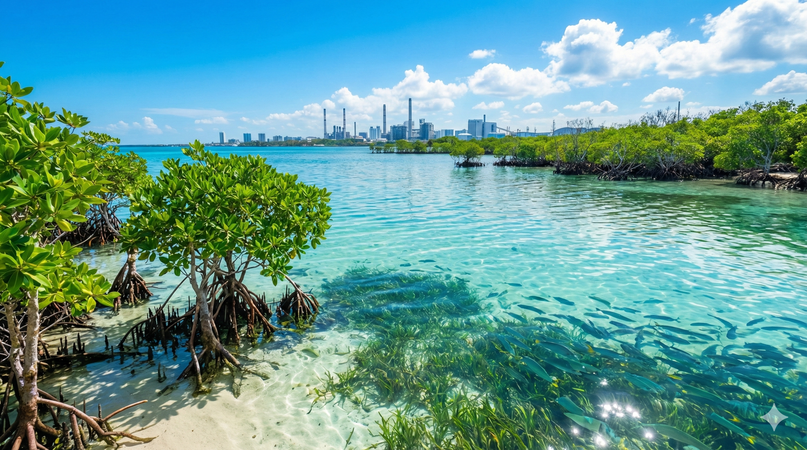 Restored pristine coastal ecosystem with healthy mangroves